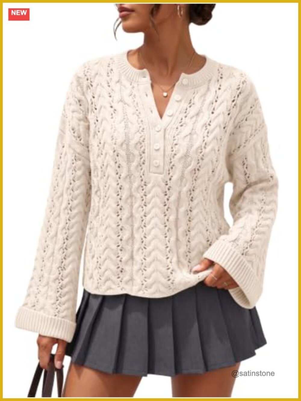 Womens Henley Cable Knit Cropped Sweater Cotton Blend Pullover Fall